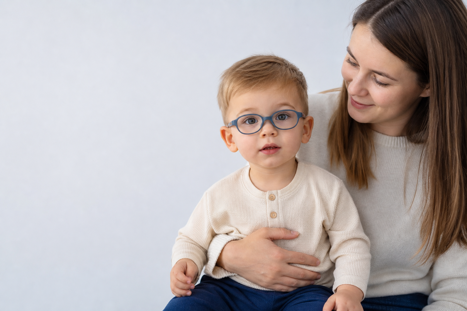 Dziecko w wieku około dwóch lat w okularach na kolanach mamy