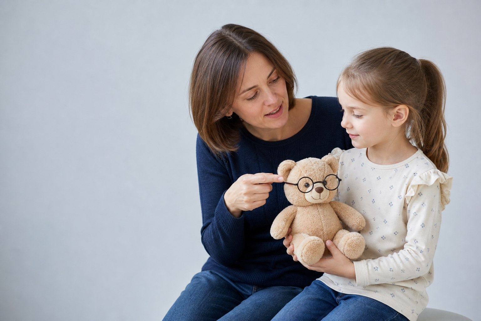 Mama przygotowuje dziecko do wizyty u okulisty z pomocą misia w okularach